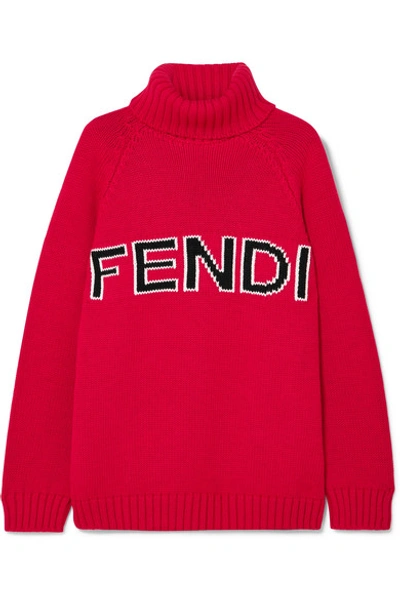 Shop Fendi Intarsia-knit Wool Turtleneck Sweater In Red