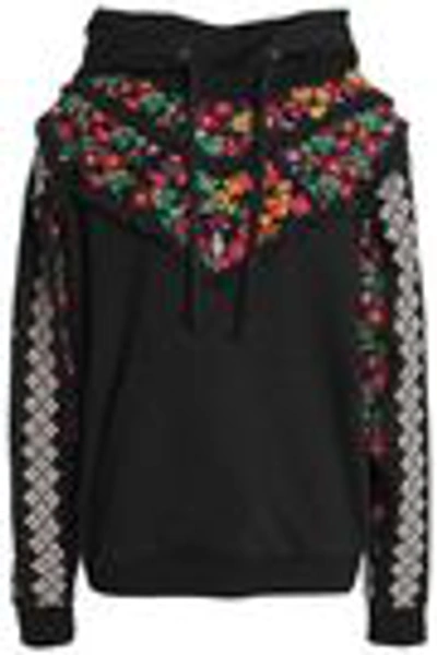 Shop Needle & Thread Cross Stitch Flower Embroidered French Cotton-blend Terry Hoodie In Black