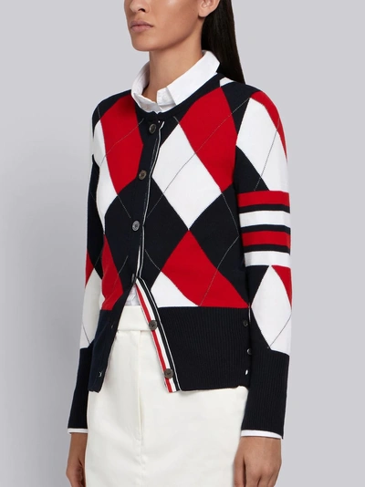 Shop Thom Browne 4-bar Argyle Merino Crewneck Cardigan In Blue