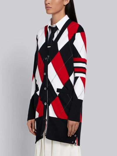 Shop Thom Browne 4-bar Argyle Long V-neck Cardigan In Blue