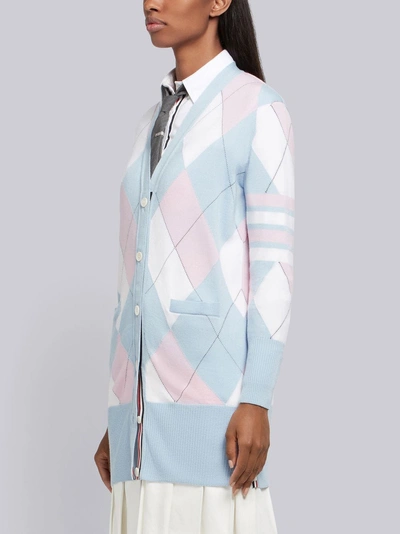 Shop Thom Browne 4-bar Argyle Long V-neck Cardigan In Blue