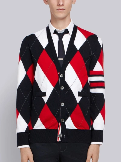 THOM BROWNE 4条纹菱形格纹羊毛V领开衫