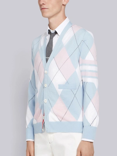 Shop Thom Browne 4-bar Argyle Merino V-neck Cardigan In Blue