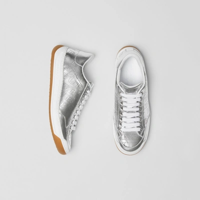 Shop Burberry Perforated Logo Metallic Leather Sneakers In Silver Grey