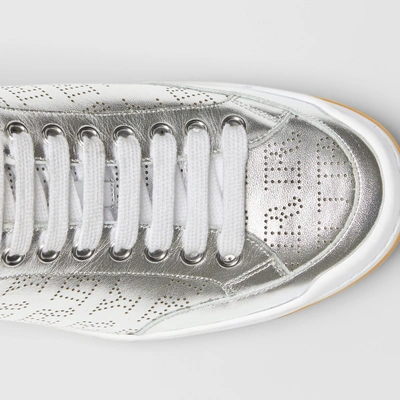 Shop Burberry Perforated Logo Metallic Leather Sneakers In Silver Grey