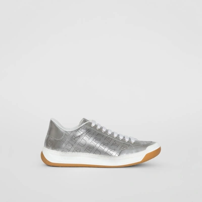 Shop Burberry Perforated Logo Metallic Leather Sneakers In Silver Grey