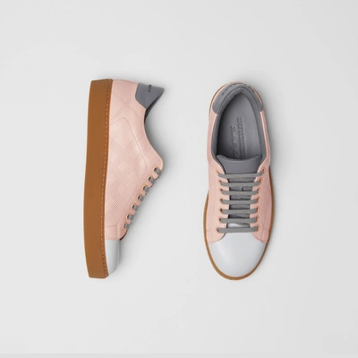 Shop Burberry Tri-tone Perforated Check Leather Sneakers In Pale Pink