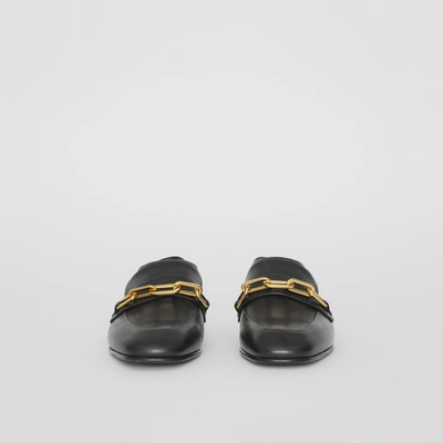 Shop Burberry Link Detail Leather Slingback Loafers In Black