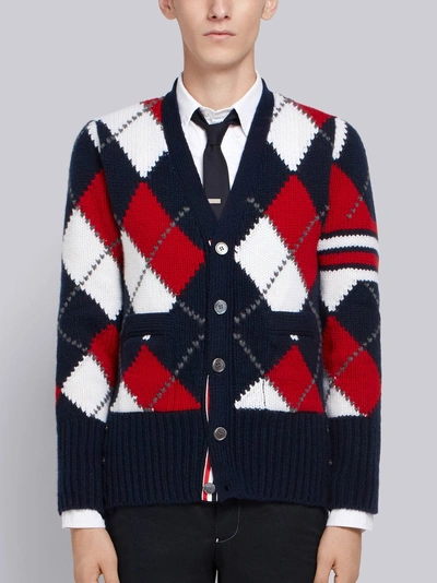 Shop Thom Browne 4-bar Argyle Intarsia Cardigan In Blue