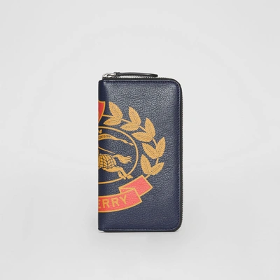 Shop Burberry Crest Print Leather Ziparound Wallet In Storm Blue
