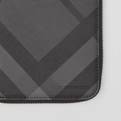 Shop Burberry London Check And Leather Ziparound Wallet In Charcoal/black