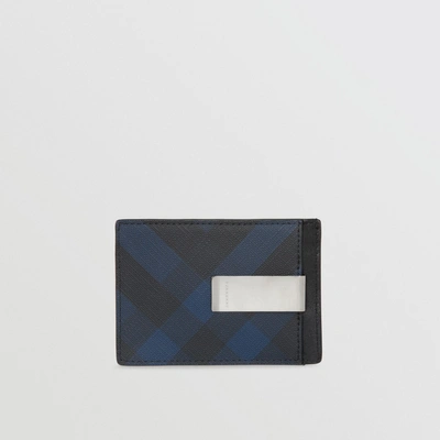 Shop Burberry London Check And Leather Money Clip Card Case In Navy/black