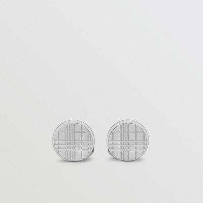 Shop Burberry Check-engraved Round Cufflinks In Silver