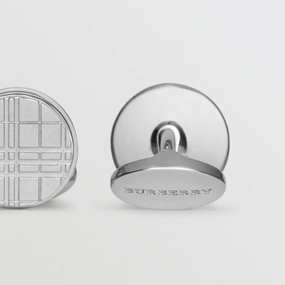 Shop Burberry Check-engraved Round Cufflinks In Silver