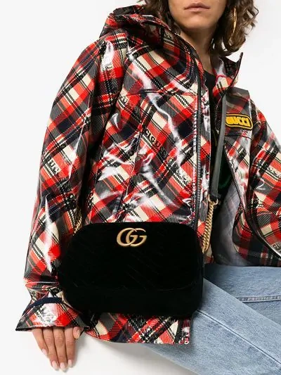 Shop Gucci Black Gg Marmont Velvet Small Shoulder Bag