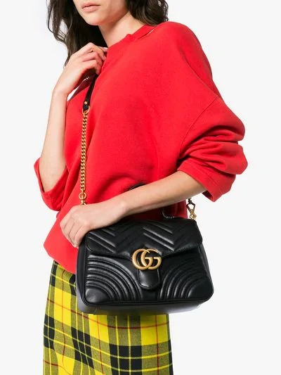 Gucci Gg Marmont Small Chevron Quilted Top-handle Bag With Chain Strap In Black