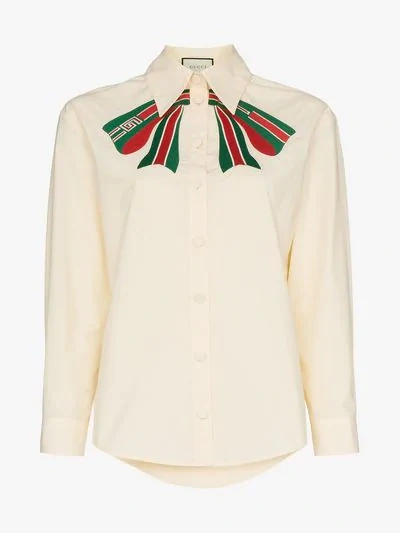 Shop Gucci Poplin Shirt With  Stripe Bow In White