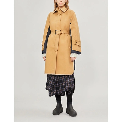 Shop Sacai Hybrid Wool And Shell Coat In Beige/navy