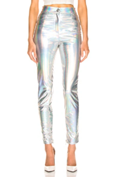 Shop Balmain High Waisted Skinny Pants In Holographic Silver