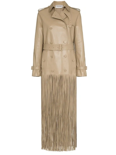 Shop Valentino Fringed Hem Leather Trench Coat In Neutrals