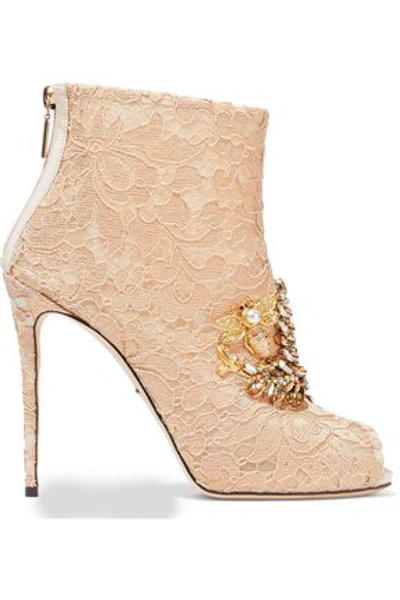 Shop Dolce & Gabbana Woman Embellished Lace Ankle Boots Pastel Orange