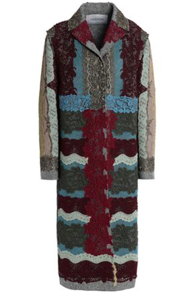 Shop Valentino Woman Metallic Lace-appliquéd Cotton-blend Bouclé Coat Multicolor