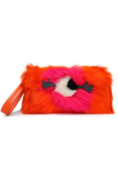 Shop Anya Hindmarch Appliquéd Printed Shearling Clutch In Orange