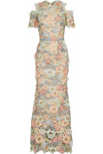 Shop Marchesa Notte Woman Cold-shoulder Floral-appliquéd Metallic Guipure Lace Gown Mint