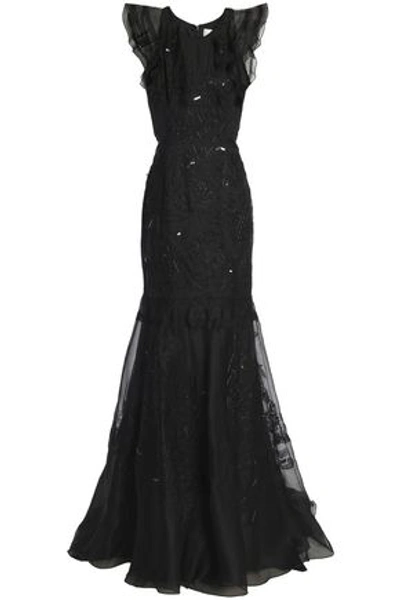 Shop J Mendel Woman Embellished Embroidered Organza Gown Black