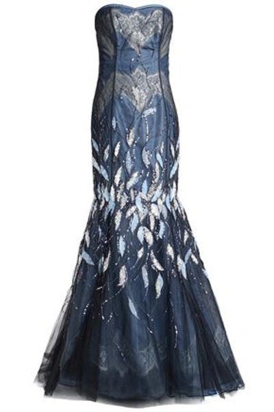 Shop Carolina Herrera Strapless Embellished Embroidered Tulle And Taffeta Gown In Midnight Blue