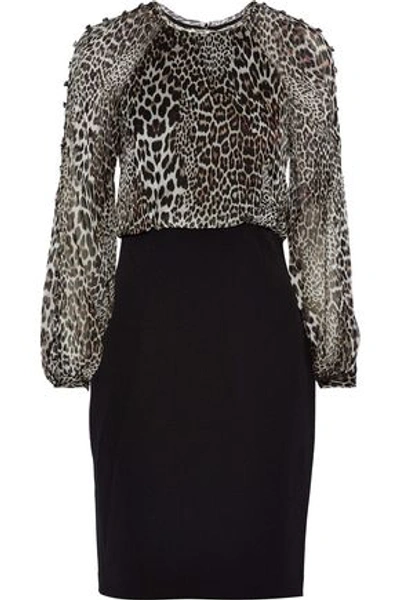 Shop Badgley Mischka Woman Leopard-print Silk-chiffon Paneled Stretch-cady Dress Black