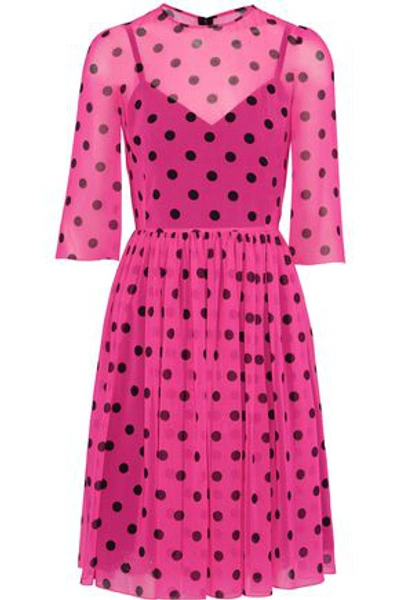 Shop Dolce & Gabbana Woman Pleated Polka-dot Silk-blend Chiffon Dress Bright Pink