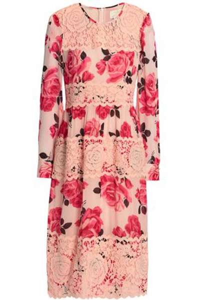 Shop Kate Spade New York Woman Paneled Guipure Lace And Floral-print Georgette Dress Blush