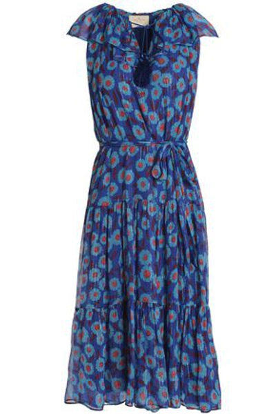 Shop Kate Spade New York Woman Lamé-trimmed Floral-print Silk-blend Georgette Dress Cobalt Blue