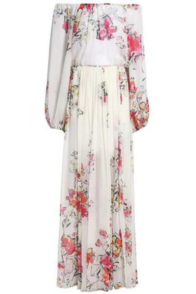 Shop Zuhair Murad Woman Off-the-shoulder Floral-print Silk-chiffon Gown Off-white