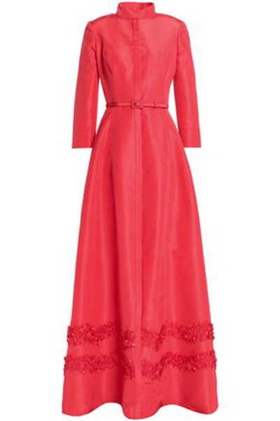 Shop Carolina Herrera Belted Appliquéd Silk-faille Gown In Papaya