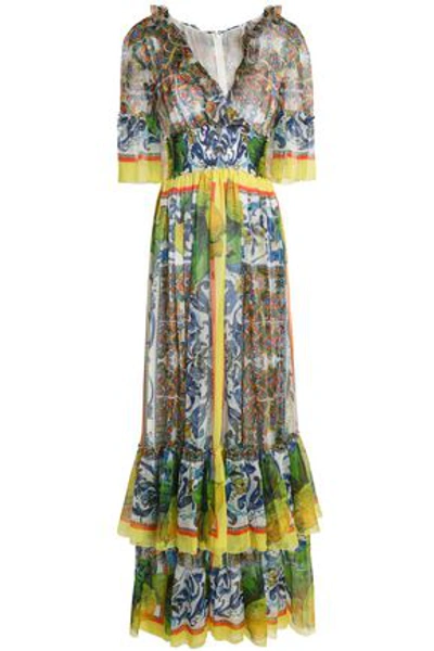 Shop Dolce & Gabbana Woman Ruffled Printed Silk-voile Maxi Dress Yellow