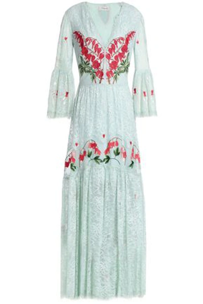 Shop Temperley London Potion Embroidered Organza-paneled Lace Maxi Dress In Mint