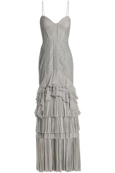 Shop J Mendel J.mendel Woman Lace-paneled Ruffled Silk Gown Light Gray