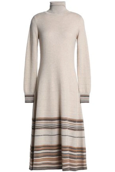 Shop Agnona Woman Striped Cashmere-blend Turtleneck Midi Dress Neutral