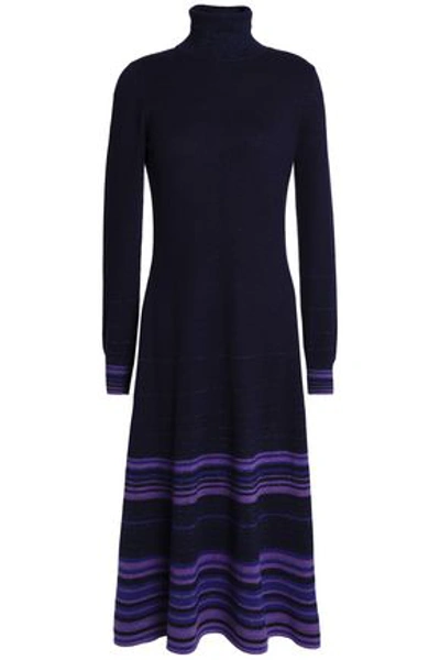 Shop Agnona Woman Striped Cashmere-blend Turtleneck Midi Dress Navy