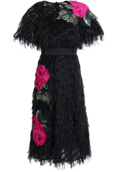 Shop Dolce & Gabbana Woman Floral-appliquéd Fringed Fil Coupé Organza Midi Dress Black