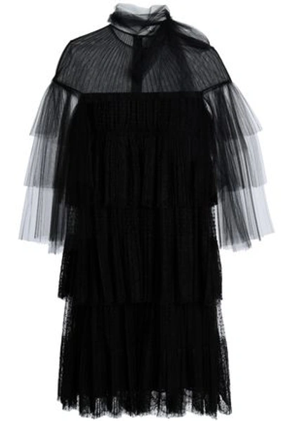 Shop Valentino Tiered Tulle, Point D'esprit And Lace Mini Dress In Black