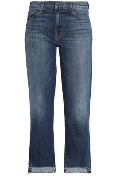 Shop J Brand Frayed Mid-rise Bootcut Jeans In Mid Denim