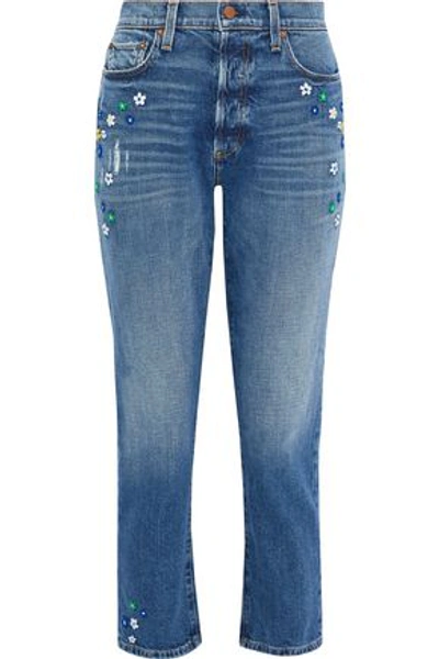 Shop Alice And Olivia Alice + Olivia Woman Embroidered Distressed High-rise Slim-leg Jeans Mid Denim