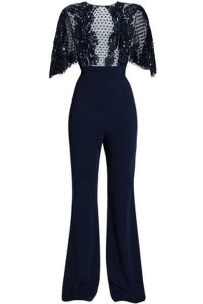 Shop Zuhair Murad Lace-trimmed Embellished Tulle And Silk-crepe Jumpsuit In Navy