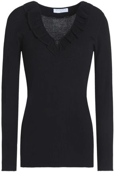 Shop Sandro Woman Noella Ruffle-trimmed Ribbed Stretch-knit Top Black
