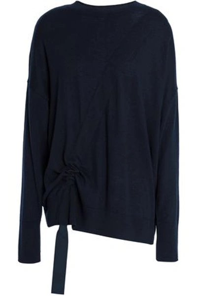 Shop Sandro Woman Asymmetric Wool And Cashmere-blend Sweater Navy