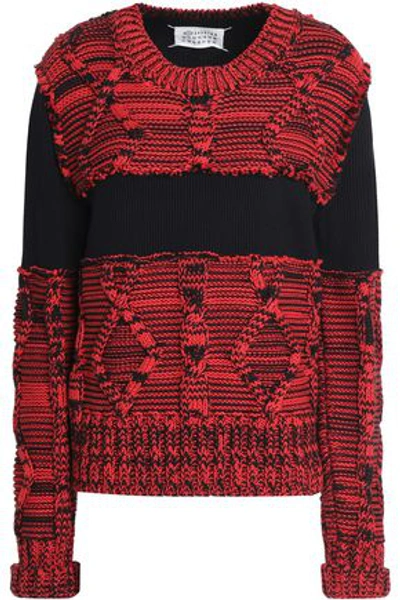 Shop Maison Margiela Woman Ribbed And Cable-knit Cotton Sweater Red