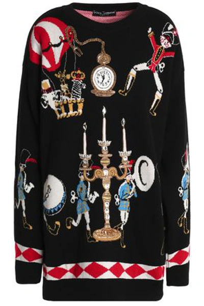 Shop Dolce & Gabbana Woman Embellished Jacquard-knit Cashmere Sweater Black